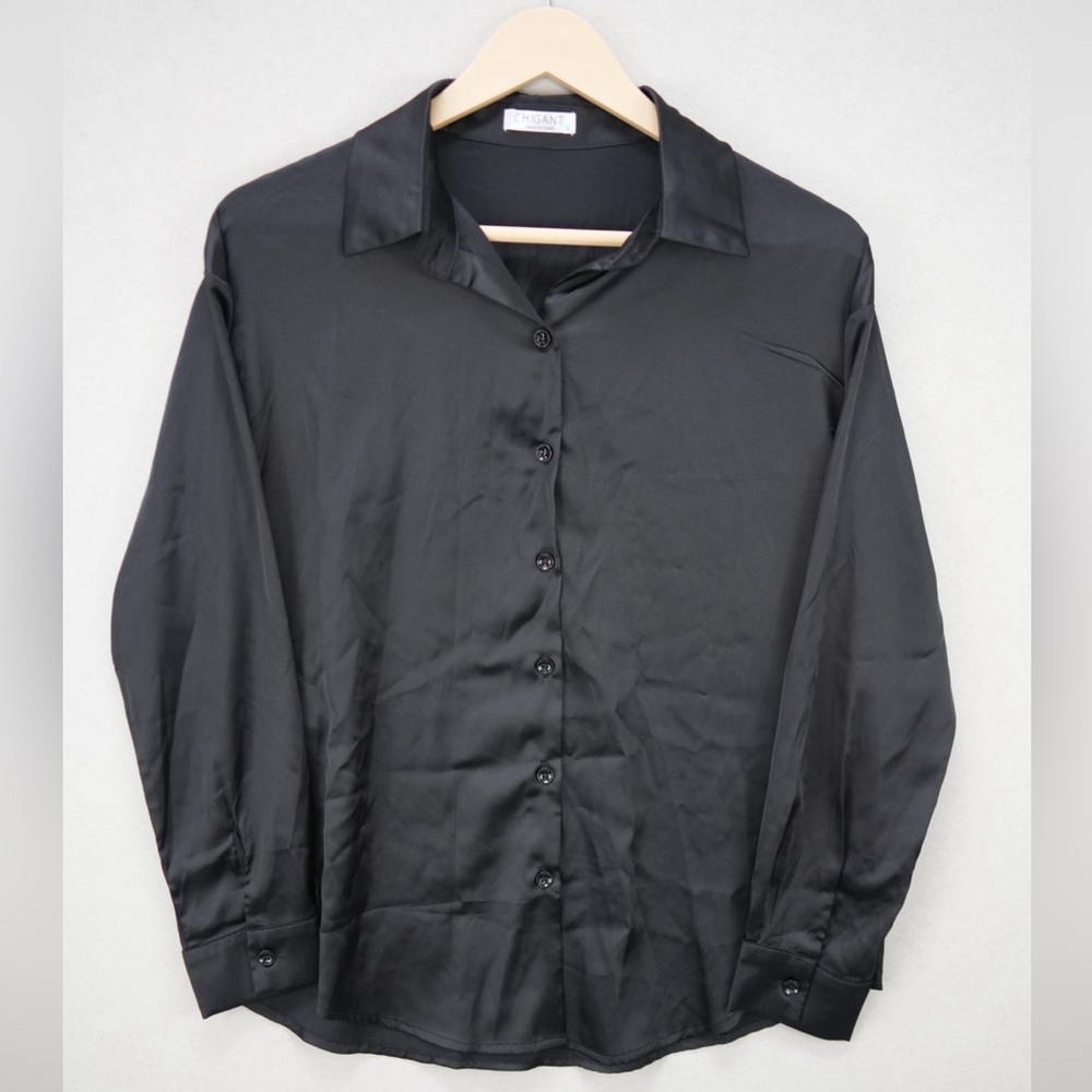 Satin Button Down Elegant Black Shirt